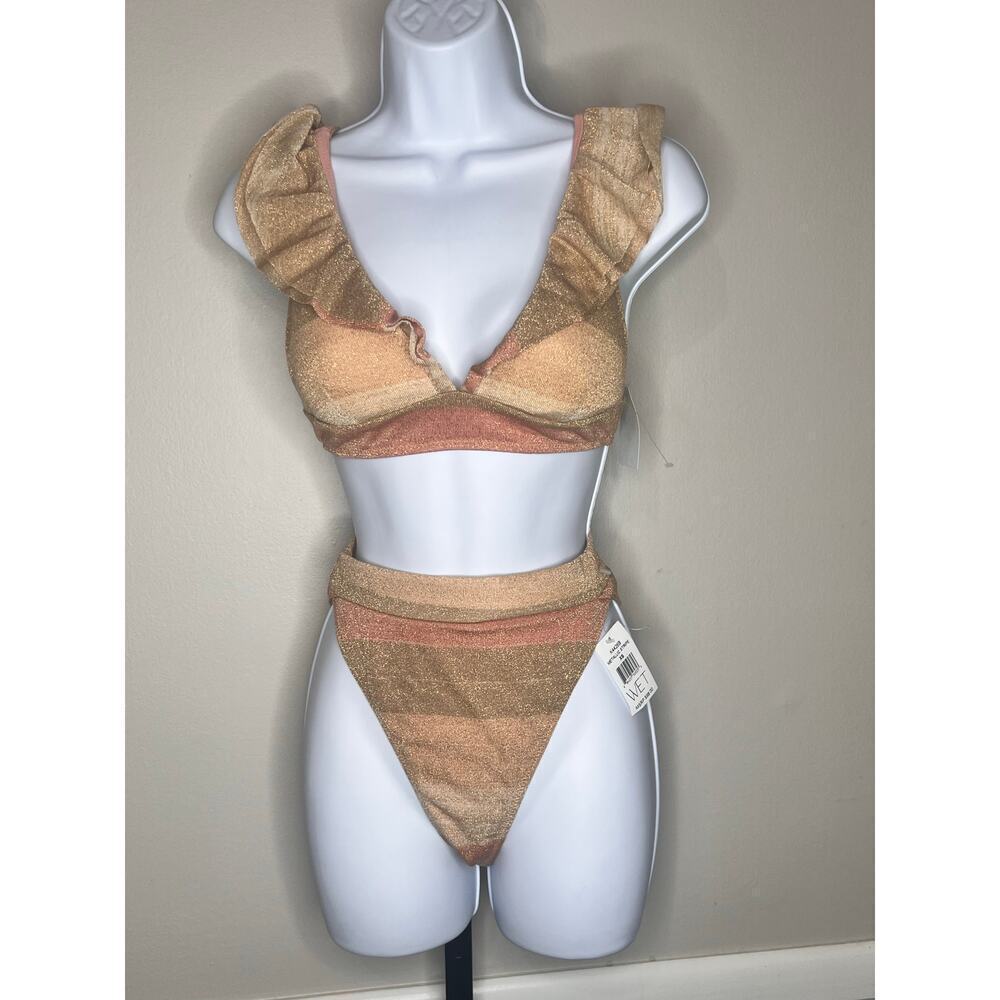 ☀️NWT WET Addyson Classic Bikini Swimwear Ruffle V-Neck Metallic Stripe XS